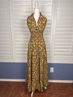 Yellow Geometric Halter Maxi Dress one size boho summer statement dress